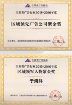 江苏省广告行业2015-2016年度区域领先广告公司紫金奖
