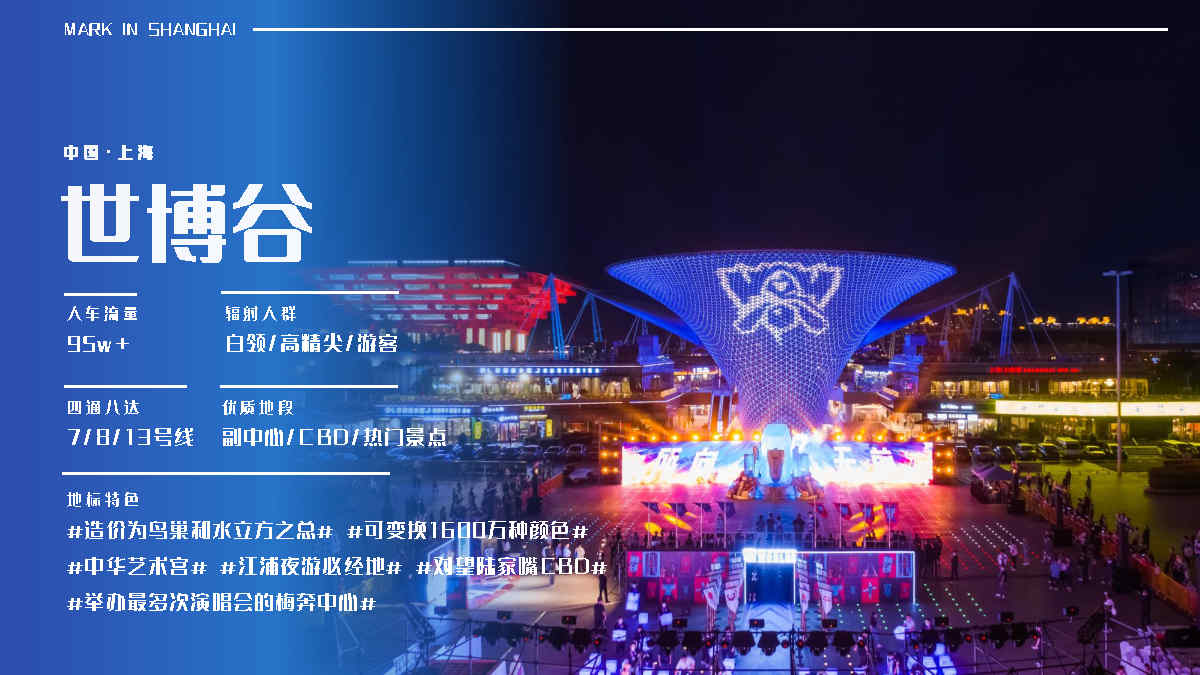 上海浦东新区梅赛德斯奔驰文化和中华艺术宫旁世博庆典广场（世博谷）商超卖场霓虹/灯光秀